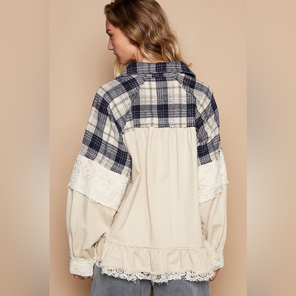 POL Plaid and Cream Cotton Flannel Jacket Shacket Top S - Picture 4 of 4